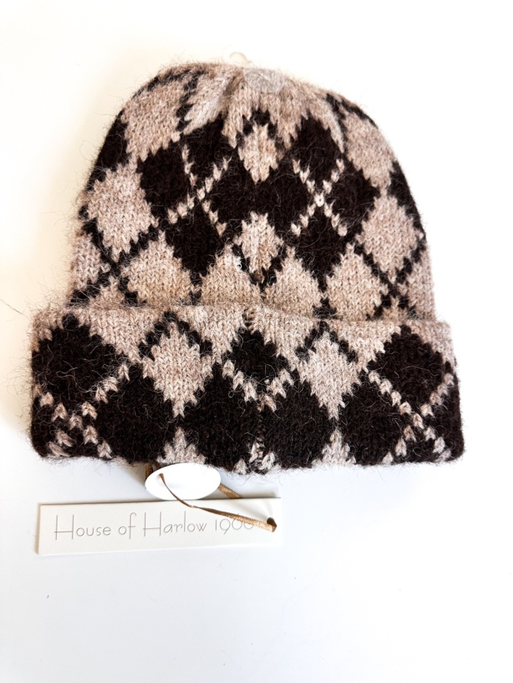 NEW House of Harlow 1960 Argyle Wool Beanie Brown Tan One Size Adult Ultra Soft